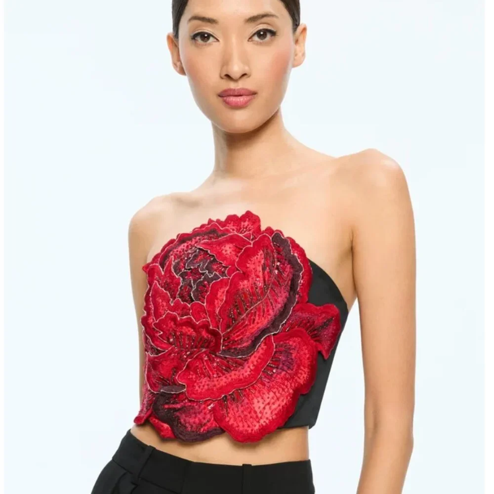 Alice + Olivia Black Top with Red Floral Design - Picture 2 of 7